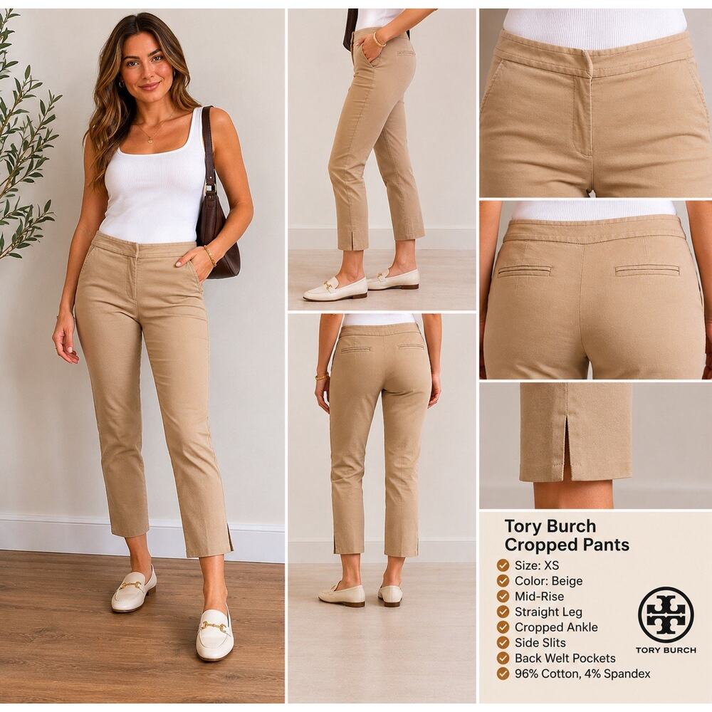 Tory Burch Beige Cropped Straight Leg Pants Women’s Size XS Stretch Cotton Ankle